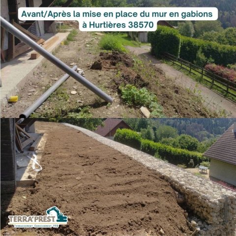 Avant/Après la mise en place du mur en gabions  à Hurtières 38570